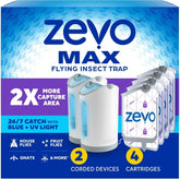 Zevo MAX Bug Catcher & Fly Trap for Indoors - Flying Insect Trap for Gnats, House & Fruit Flies - Use in Any Room - No-Mess Disposal (2 Plug in Bases & 4 Cartridges)