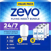 Zevo Flying Insect Trap & Refills Starter Bundle, 2 Insect Trap Devices and 6 Refill Cartridges, Mess-Free Indoor Bug Control System