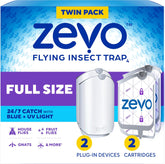 Zevo 2 Flying Insect Traps & 2 Refill Cartridges - Plug in Fly Trap & Indoor Bug Catcher for Gnats, House & Fruit Flies - Blue & UV Light Technology, Mess-Free Alternative to Bug Zapper
