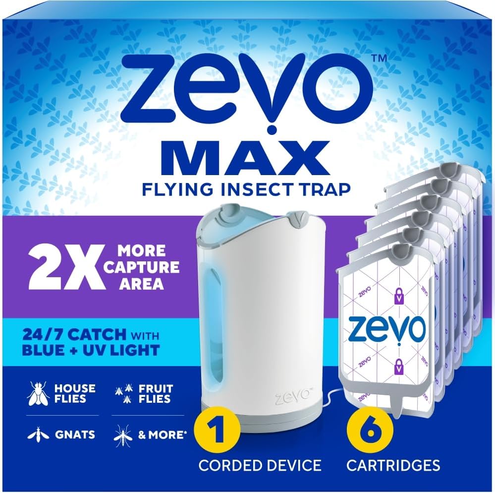 Zevo MAX Bug Catcher & Fly Trap for Indoors - Flying Insect Trap for Gnats, House & Fruit Flies - Use in Any Room - No-Mess Disposal (1 Plug in Base & 6 Cartridges)