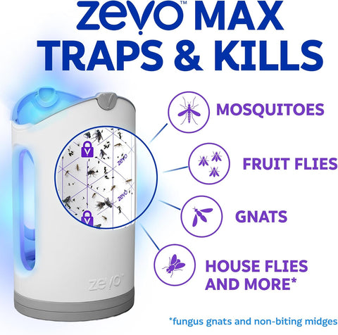 Zevo MAX Bug Catcher & Fly Trap for Indoors - Flying Insect Trap for Gnats, House & Fruit Flies - Use in Any Room - No-Mess Disposal (2 Plug in Bases & 3 Cartridges)