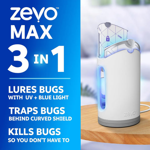 Zevo MAX Bug Catcher & Fly Trap for Indoors - Flying Insect Trap for Gnats, House & Fruit Flies - Use in Any Room - No-Mess Disposal (2 Plug in Bases & 4 Cartridges)