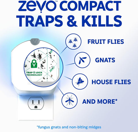 Zevo Compact Flying Insect Trap Official Refill Cartridges - Fits Zevo Compact & Plant Indoor Plug-in Trap, Authentic Trap + Lock Technology to Catch Gnats, House & Fruit Flies (8 Official Refills)