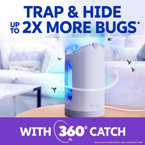 Zevo MAX Bug Catcher & Fly Trap for Indoors - Flying Insect Trap for Gnats, House & Fruit Flies - Use in Any Room - No-Mess Disposal (2 Plug in Bases & 4 Cartridges)