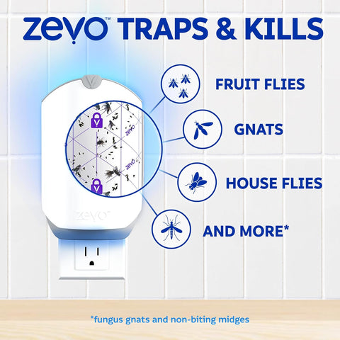 Zevo 2 Flying Insect Traps & 4 Refill Cartridges - Plug in Fly Trap & Indoor Bug Catcher for Gnats, House & Fruit Flies - Blue & UV Light Technology, Mess-Free Alternative to Bug Zapper