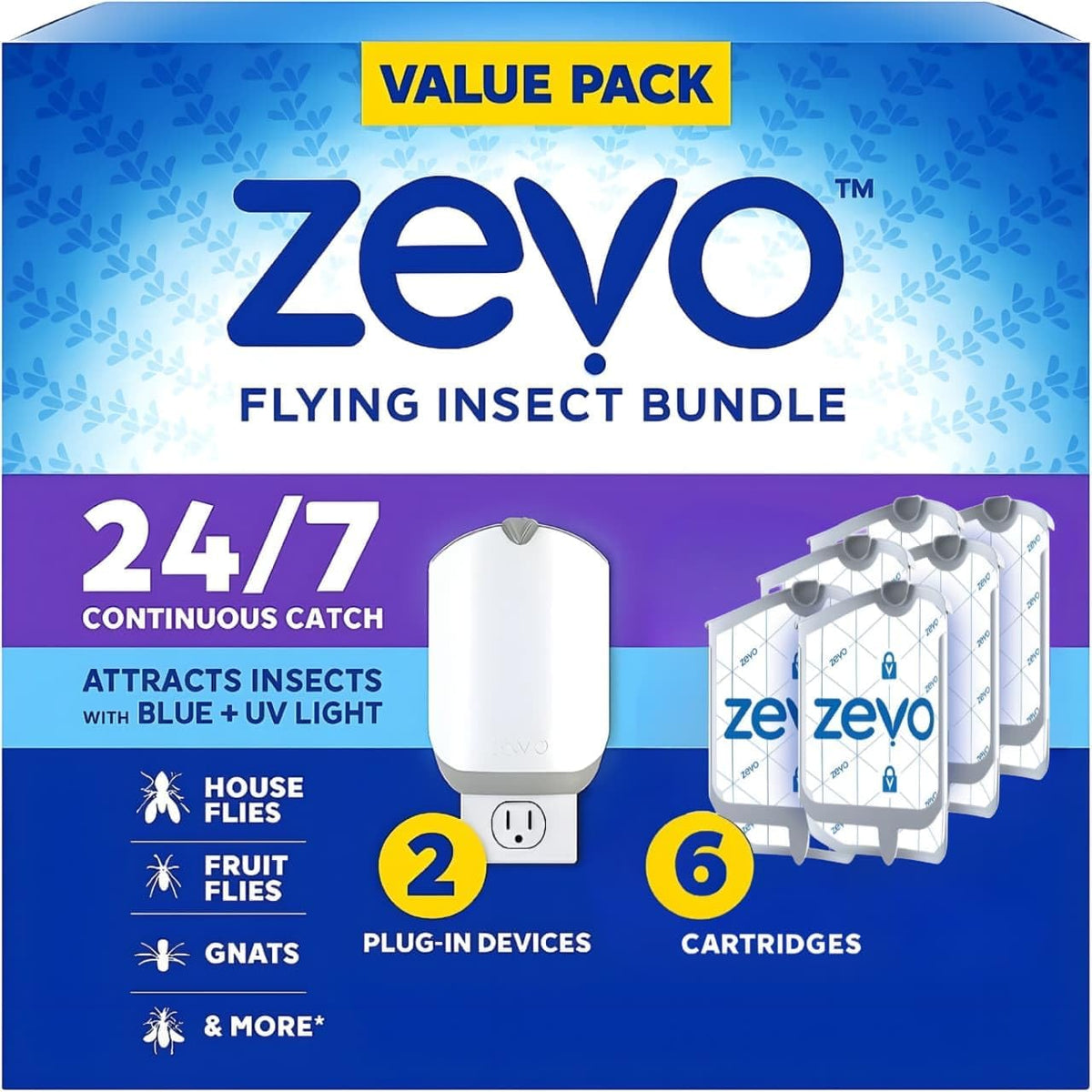 Zevo Fly Trap Starter Pack, 2 Plug-in Devices and 6 Cartridges, Indoor Bug Catching Solution