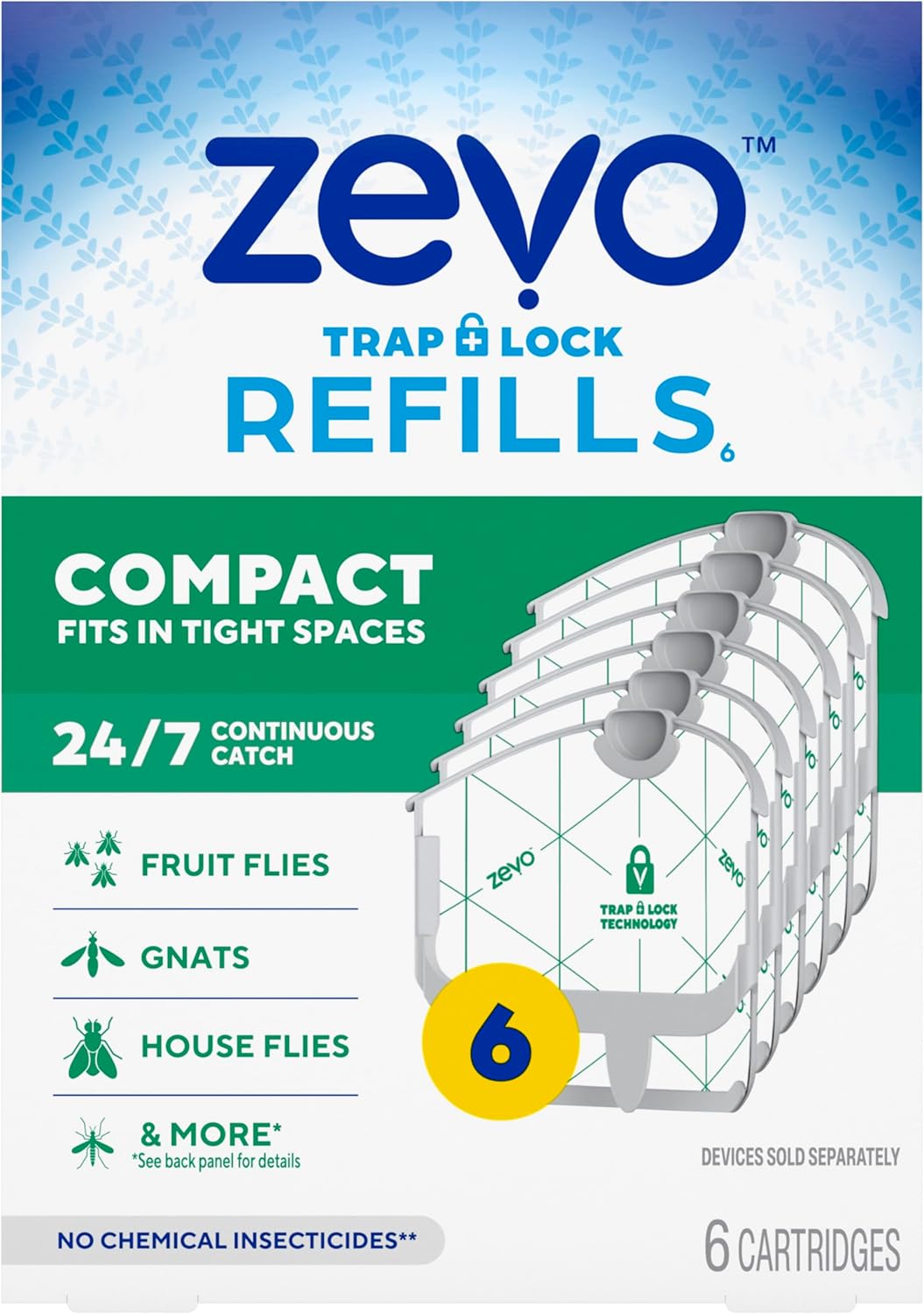 Zevo Compact Flying Insect Trap Official Refill Cartridges - Fits Zevo Compact & Plant Indoor Plug-in Trap, Authentic Trap + Lock Technology to Catch Gnats, House & Fruit Flies (6 Official Refills)