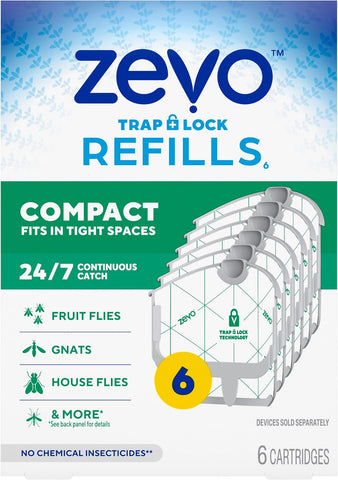 Zevo Compact Flying Insect Trap Official Refill Cartridges - Fits Zevo Compact & Plant Indoor Plug-in Trap, Authentic Trap + Lock Technology to Catch Gnats, House & Fruit Flies (6 Official Refills)