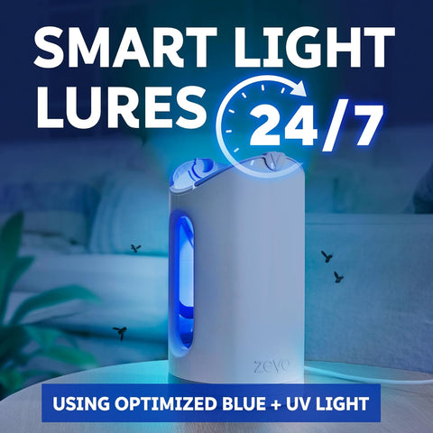 Zevo MAX Bug Catcher & Fly Trap for Indoors - Flying Insect Trap for Gnats, House & Fruit Flies - Use in Any Room - No-Mess Disposal (1 Plug in Base & 6 Cartridges)