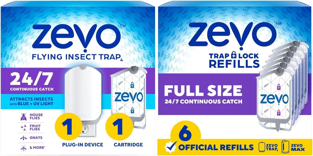Zevo Flying Insect Trap + Refills Bundle - Flying Insect Trap & Cartridge (1 Device + 1 Cartridge) and Official Refill Cartridges (6 Count), Plug-in Bug Catchers for Gnats, House & Fruit Flies