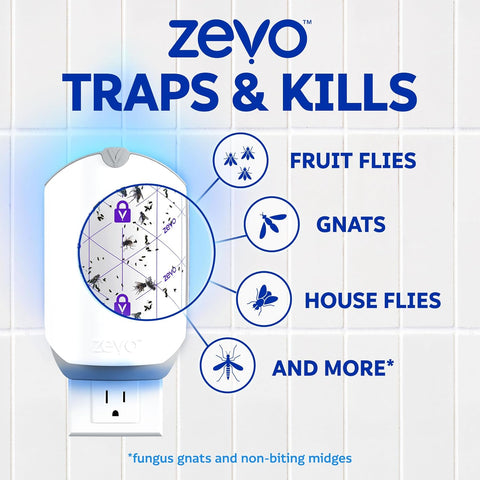 Zevo Flying Insect Trap + Refills Bundle - Flying Insect Trap & Cartridge (1 Device + 1 Cartridge) and Official Refill Cartridges (4 Count), Plug-in Bug Catchers for Gnats, House & Fruit Flies